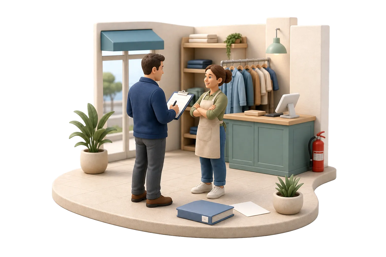 Diorama soft 3D di una piccola attività italiana con il tecnico durante il sopralluogo