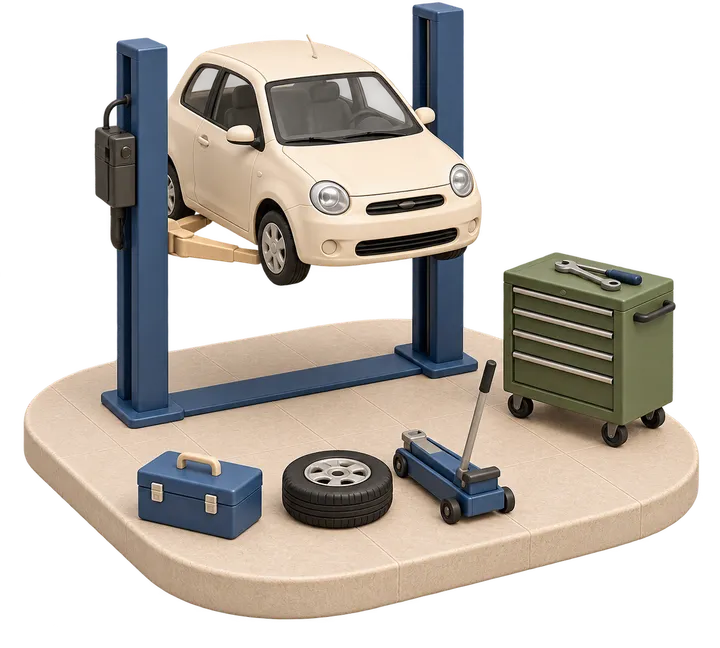 Officina soft 3D con automobile sul ponte, senza persone