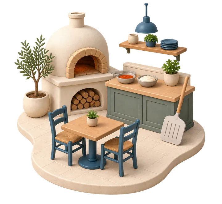 Cucina soft 3D di un ristorante e pizzeria, senza persone