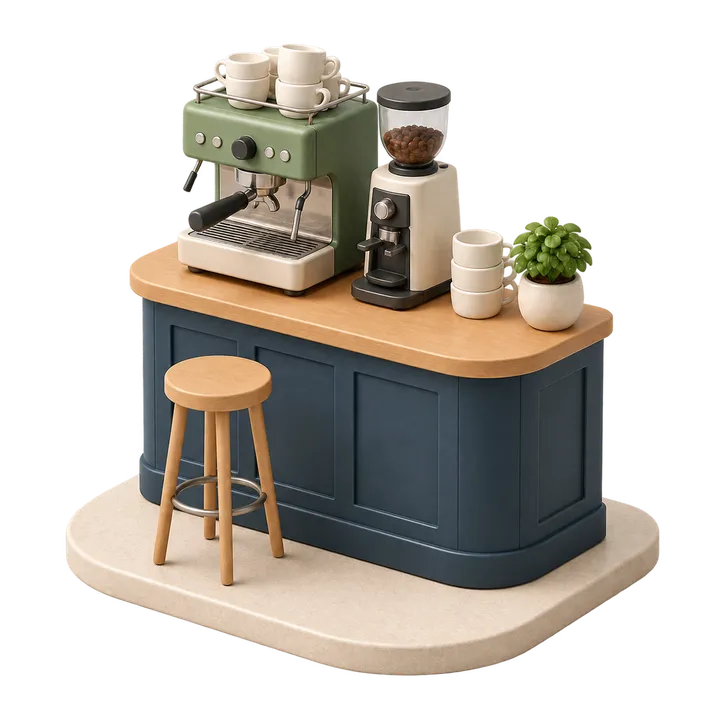 Interno soft 3D di un bar e caffetteria, senza persone