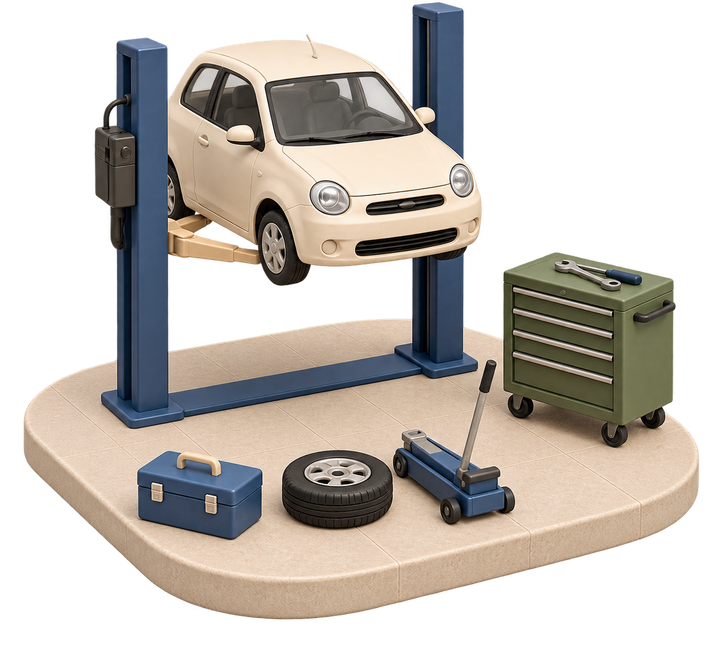 Officina soft 3D con automobile sul ponte, senza persone
