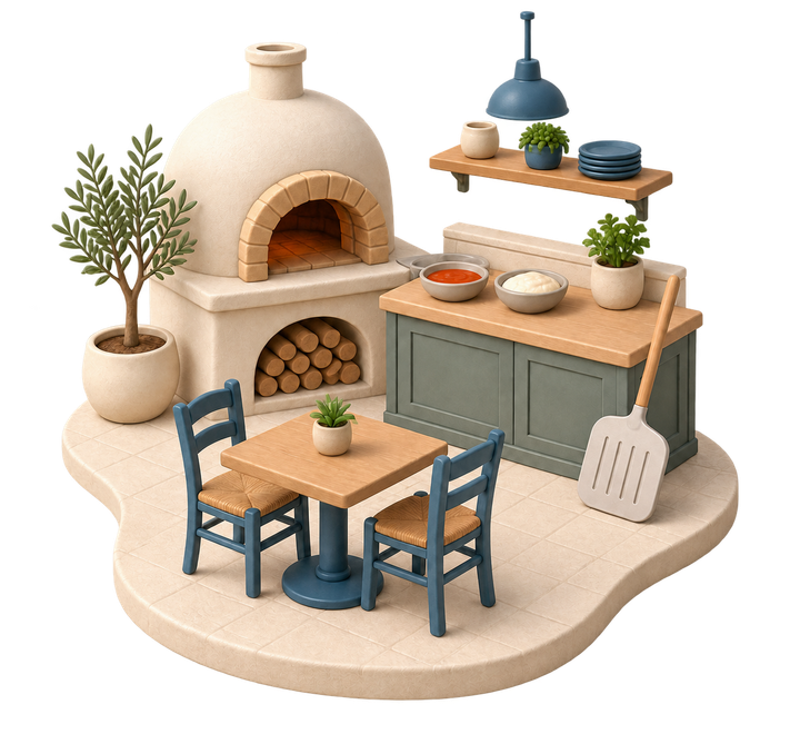Cucina soft 3D di un ristorante e pizzeria, senza persone