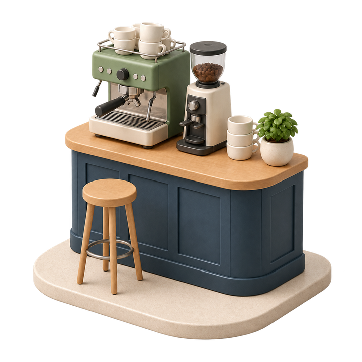 Interno soft 3D di un bar e caffetteria, senza persone