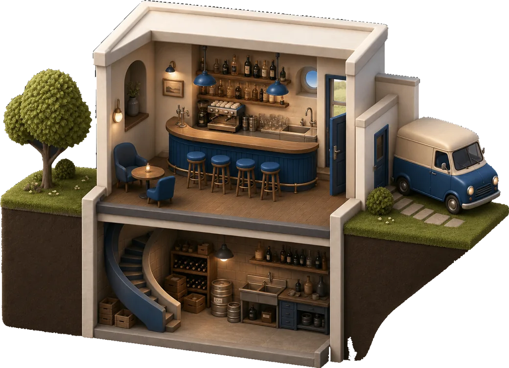 Spaccato di un bar in sezione: al piano strada il bancone, sotto il livello del terreno la cantina con la scala a chiocciola che ci scende; fuori, il prato con un albero e il furgone delle consegne.